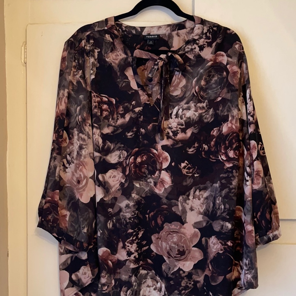 Floral Georgette Tie Neck Peasant Blouse